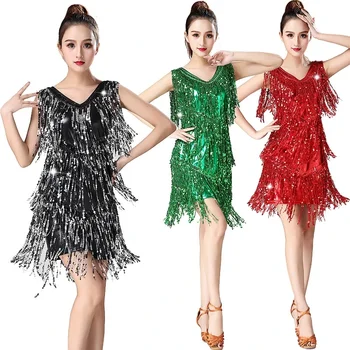 חדש לנשים ריקודים לטיניים שמלה ללא שרוולים נצנצים ניצוץ Bodycon הלטינית Dancewear 360 מעלות להקיף נצנצים ציצית השמלה