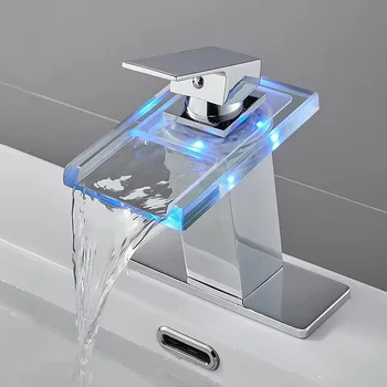 הברז בשירותים זכוכית אגן מיקסר ברז מים LED זוהר שינוי צבע כוח הידרו שחור מפל אגן ברז נירוסטה