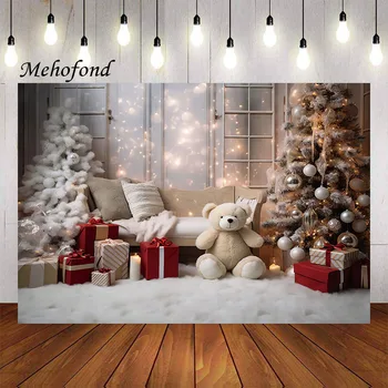 Mehofond צילום רקע חורף חג המולד רטרו מקורה דוב חמוד עץ חג המולד הילד משפחתית עיצוב רקע תמונה Studi