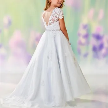פרח ילדה שמלות תחרה מעודן O-צוואר באורך רצפת קו נסיכת היופי, נשף שמלת חתונה שמלת שושבינה שמלת ערב