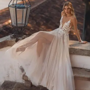 רשת טול שמלות כלה בוהו מלא שרוולים Vestido de נוביה תחרה, אפליקציות לפתוח בחזרה שמלות כלה סקסית גלימות de mariée
