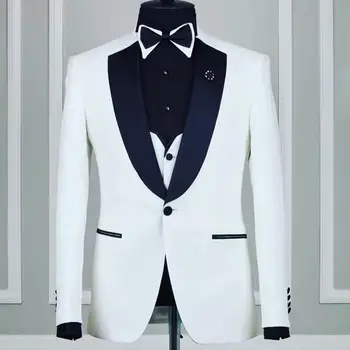 לבן אנשי עסקים מסיבת חליפות שלושה חתיכת ז ' קט מכנסיים וסט לשיא דש כפתור אחד בהזמנה אישית חתונה, חליפות לגברים ללבוש למסיבה