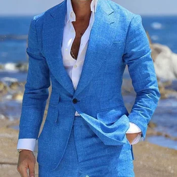 קיץ חוף חתונה, חליפות לגברים Slim Fit מצעים יחיד עם חזה גברי חליפות רשמיות בלייזר (ז ' קט + מכנסיים) 2023